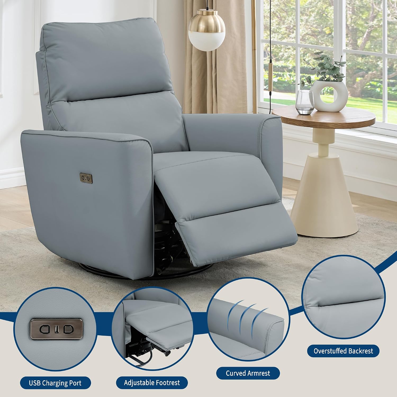 GarveeHome Power Recliner Chair, 270° Swivel Rocking Glider with USB Charging Port, PU Leather Upholstered Fabric, Ergonomic Modern Nursery Chair for Living Room, Bedroom, Nursery (Gray)