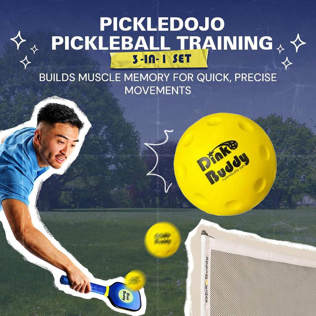3-in-1 (with 1 Mini 6' Wide Pickleball Net) & 2-in-1 Pickleball Trainer Options, Sports Gifts with 4 Kelso Balls (2 Trainer + 2 Standard), 2 PickleDojo Paddles, & 1 Drawstring Backpack