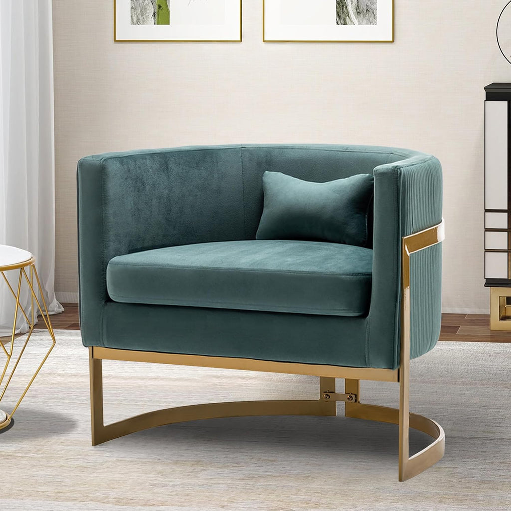 Velvet Accent Chair, Modern Upholstered Arm Chair for Living Room Bedroom Sofa Side Chair Velvet Barrel Chair with Gold Legs Lake Blue