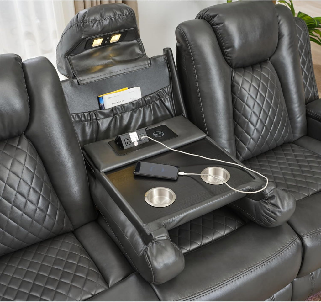 KEIKI L-Shaped Oversized Technical Leather Sectional Power Reclining Sofa with Extendable Footrest and Cup Holder, Electric Control 5-Seater Couch with USB, for Home Theater, Living Room, Grey