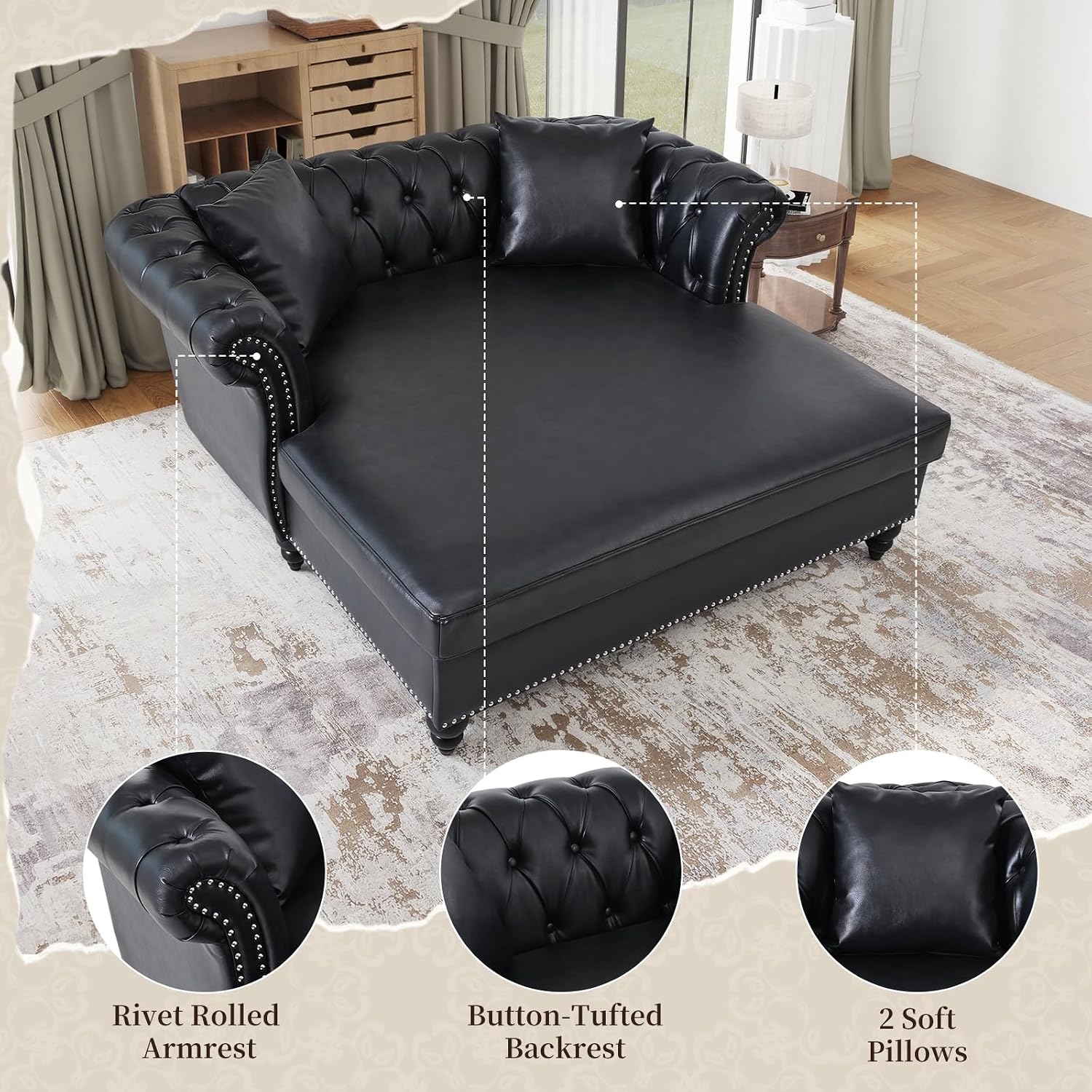 63' Oversized Chaise Lounge Comfy Reading Chair, Faux Leather Chesterfield Loveseat Sofa with Tufting Back & Rolled Arm with 2 Pillows, Comfy Couch for Indoor Relaxation, Living Room, Black