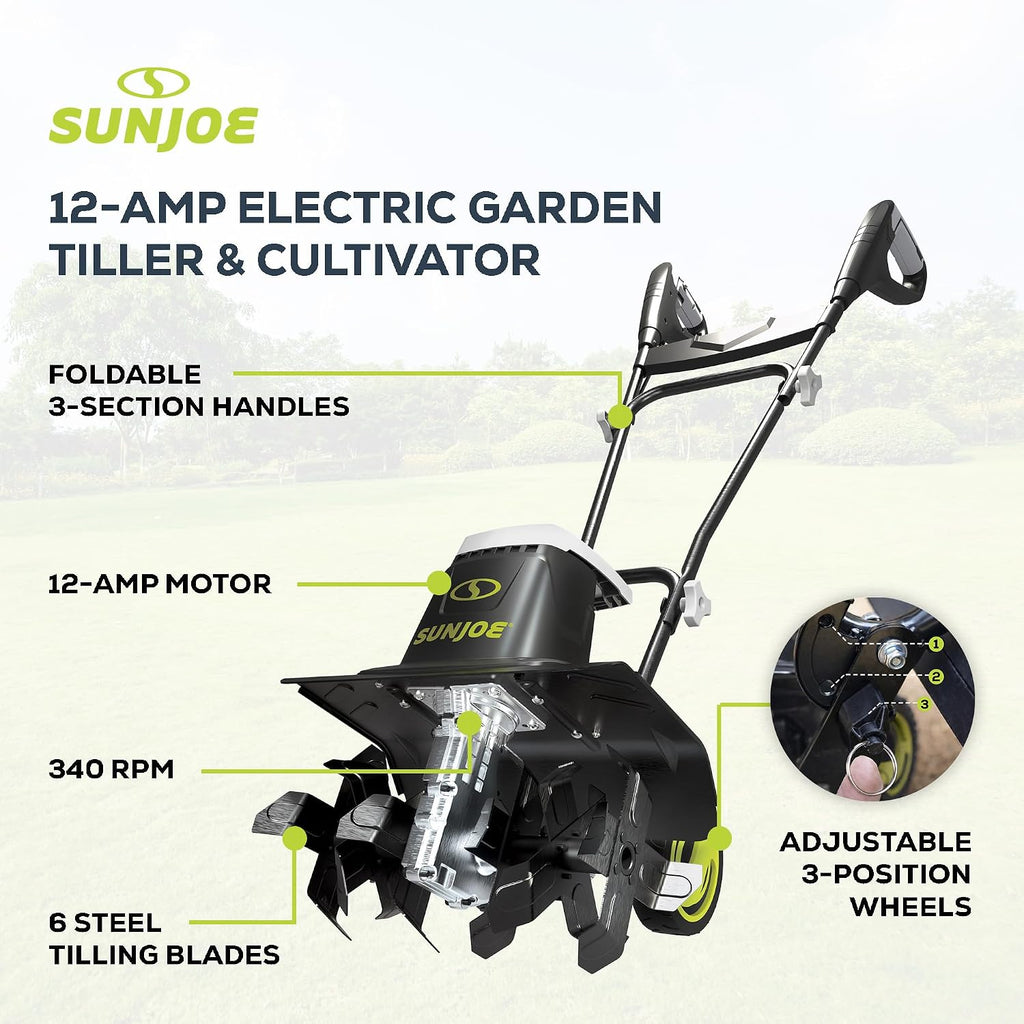 Sun Joe Corded Electric Garden Tiller & Cultivator with Steel Tines, 16 In, 12-Amp Motor - Heavy-Duty Tilling Machine and Power Tools for Lawn, Yard, and Gardening Care, TJ603E