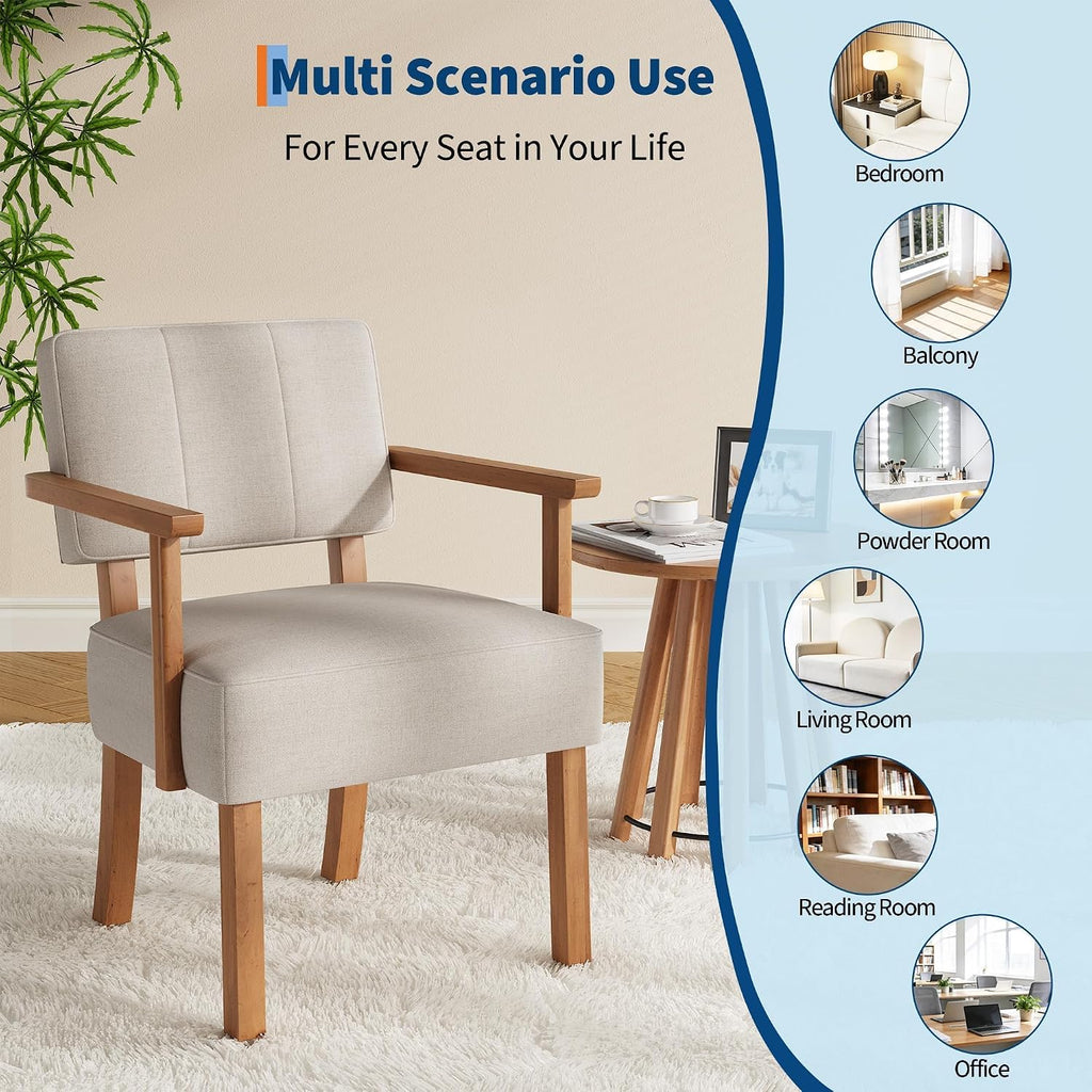 Garvee Accent Chair, Mid-Century Modern Linen Fabric Armchair with Wood Frame, Vertical Stripe Upholstered Reading Chair for Living Room, Bedroom or Balcony, Beige