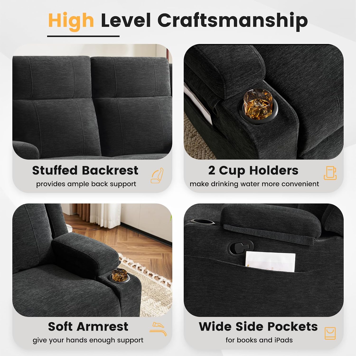 Loveseat Recliner, Double Recliner Loveseat with Adjustable Footrest & Cup Holder, Wall Hugger Recliner for Living Room & Home Theater & RV(Black)