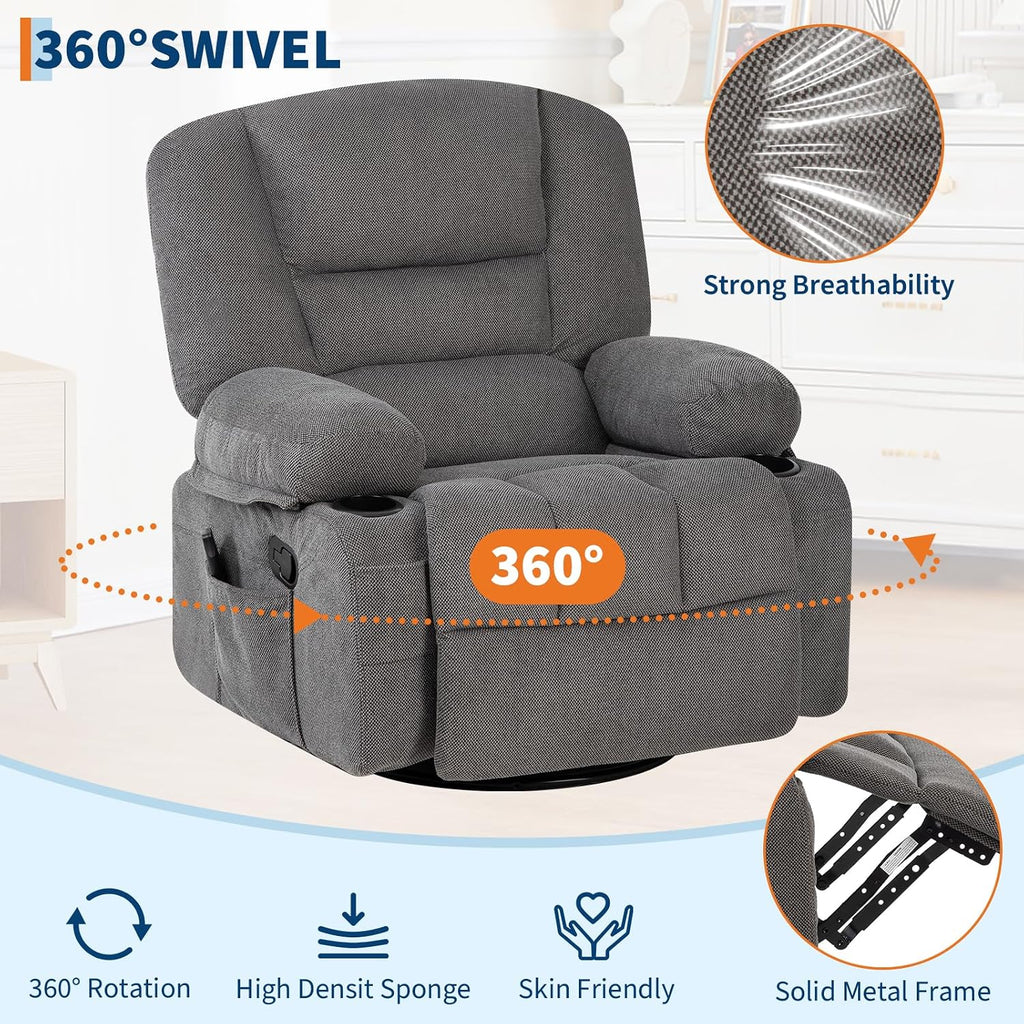 Massage Recliner Chair for Living Room, Chenille Rocker Recliner Chair for Adults with Vibration Massage and Heat, Adjustable Home Theater Seating for Living Room, Bedroom, 360° Swivel, Grey
