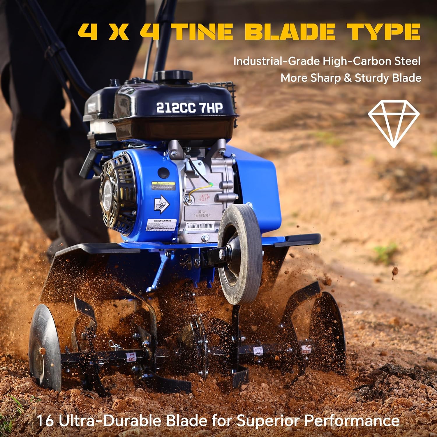 212CC 7HP Gas Tiller, 22' Adjustable Width, 4-Cycle Engine Cultivator with Instant Reverse, Heavy-Duty Steel Tines for Hard Soil, New Ground Breaking, Weed & Deep Cultivation (Blue)