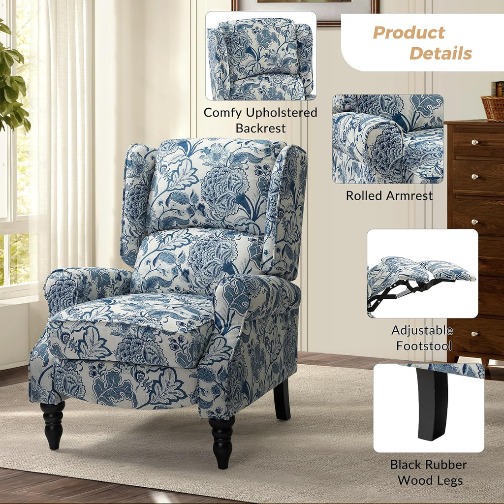 HULALA HOME Upholstered Wingback Recliner Chair, Small Adjustable Footrest Push Back Single Reclining Sofa, Mid Century Modern Lounge Armchair for Living Room, Bedroom, Reading/Jacobean