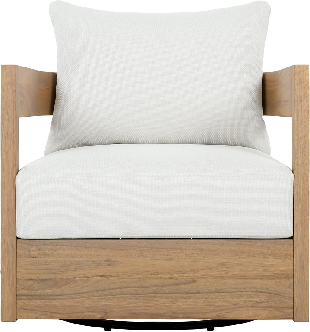 SAFAVIEH Outdoor - Kento Swivel Lounge Chair - Oak & Ivory - Solid Wood with Cushion - Modern Round Design - Ideal for Patio, Deck, Porch, Backyard, 27.5' W x 33' D x 29.1' H (PAT7099B)
