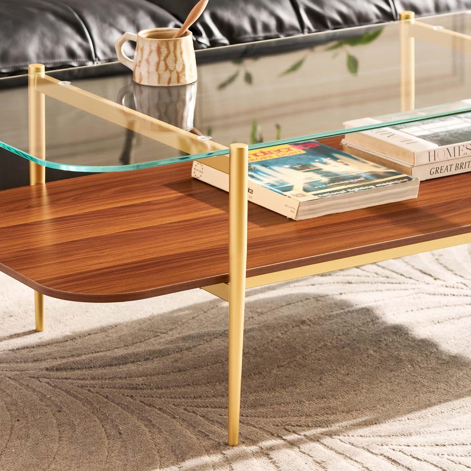 AGV LIGHTING Tadio Large Glass Coffee Table, Mid-Century Modern Coffee Table for Living Room, Gold Finish Leg, Clear Glass Top & Walnut Brown Shelf, 47 in Rrounded Corners