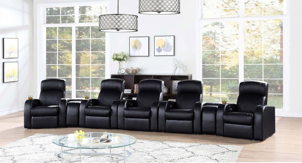 Coaster Home Furnishings - Cyrus - Wood - 7-Piece Upholstered Theater Seating with Cup Holders, Manual Recline and Hidden Storage - Living Room & Home Theater - Black - 600001-S5B