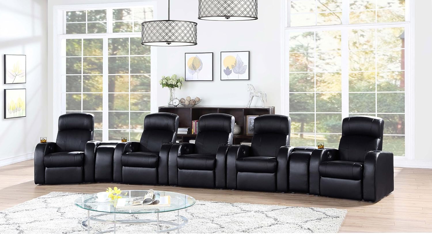 Coaster Home Furnishings - Cyrus - Wood - 7-Piece Upholstered Theater Seating with Cup Holders, Manual Recline and Hidden Storage - Living Room & Home Theater - Black - 600001-S5B