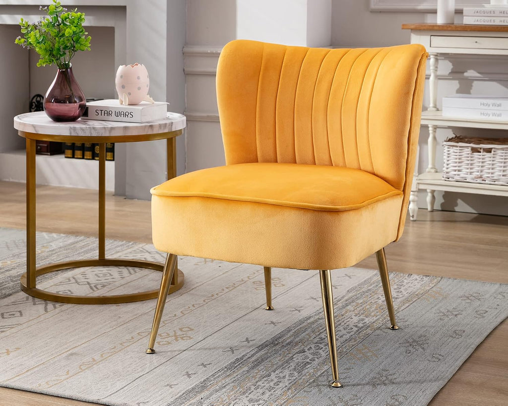 Velvet Accent Chair Set of 2 Comfy Living Room Chair Armless Slipper Mid Century Side Single Sofa Chair with Golden Legs Wingback for Bedroom Guest Room, Yellow