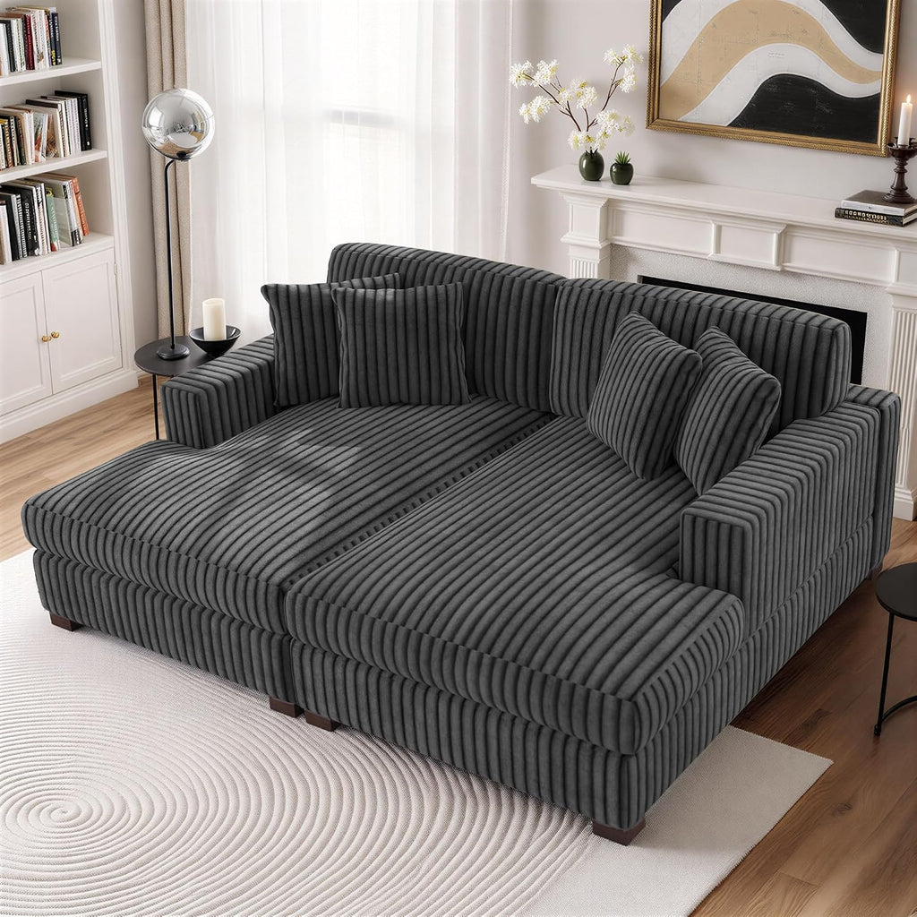 84' Oversized Double Chaise Lounges Indoor, Faux Fur Upholstered Chaise Lounge Chair for Living Room, Modern Sectional Sofa Couch Sleeper Loveseat Bedroom Reading Seating - Gray