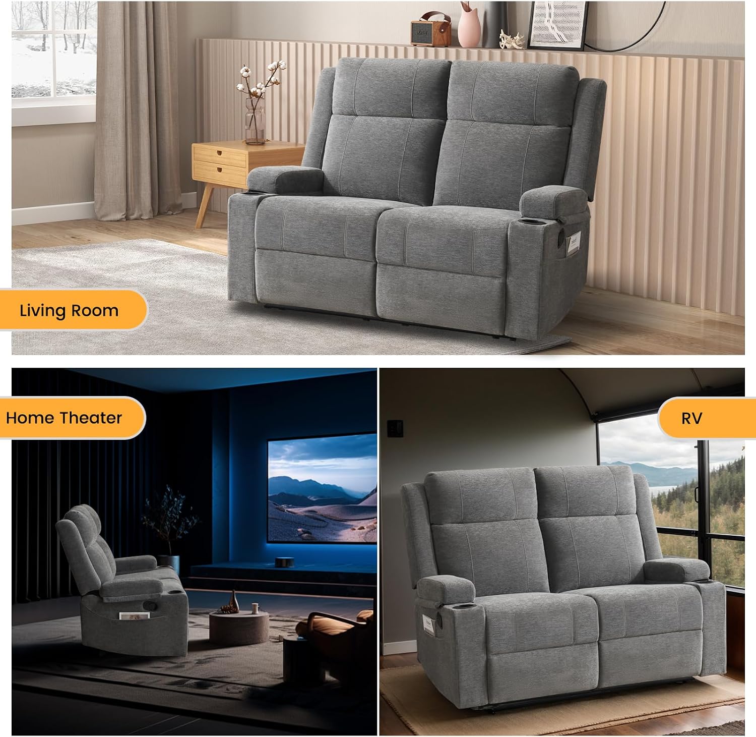 Manual Recliner Sofa Set for Living Room, Comfy Chenille Loveseat Recliner Sofa & Deep Seat Reclining Couch, RV Wall Hugger Loveseat Sofa Set for Living Room Furniture Sets(Gray)