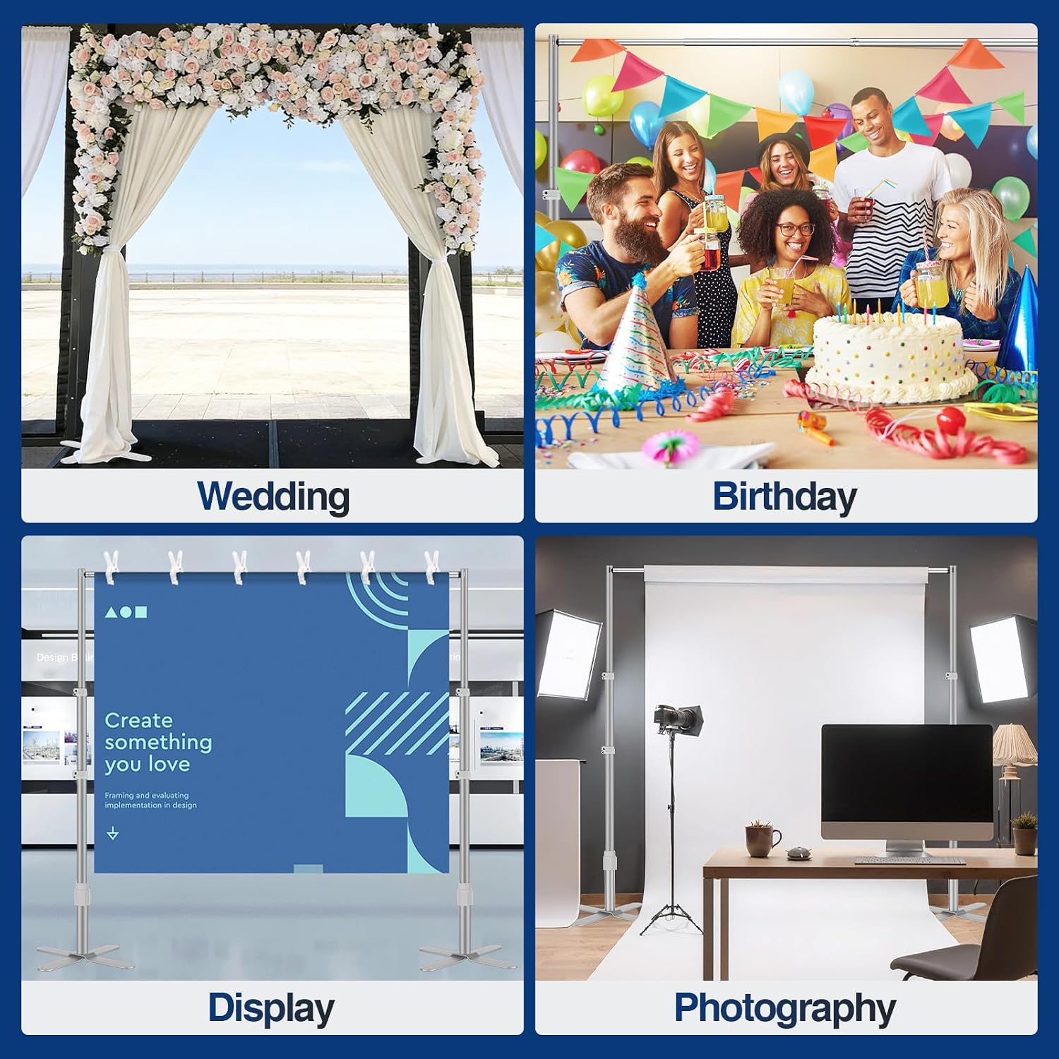 EMART Backdrop Stand Heavy Duty 10x10Ft, Pipe and Drape Photo Background Photography Kit, Adjustable Metal Frame with X-Shaped Base for Wedding Birthday Party Decoration