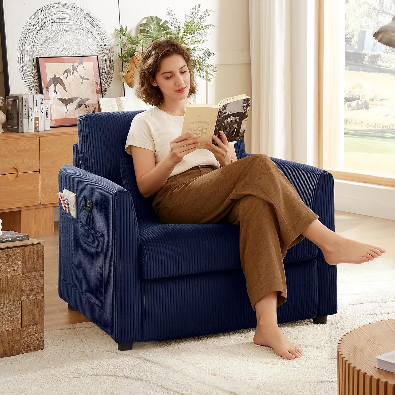 3 Pieces Corduroy Living Room Sofa Sets, Navy Blue Couch with Set of 2 Reading Armchairs, Comfy Pillows and Storage Pockets, Modern Living Room Furniture Sets for Apartment, Small Spaces