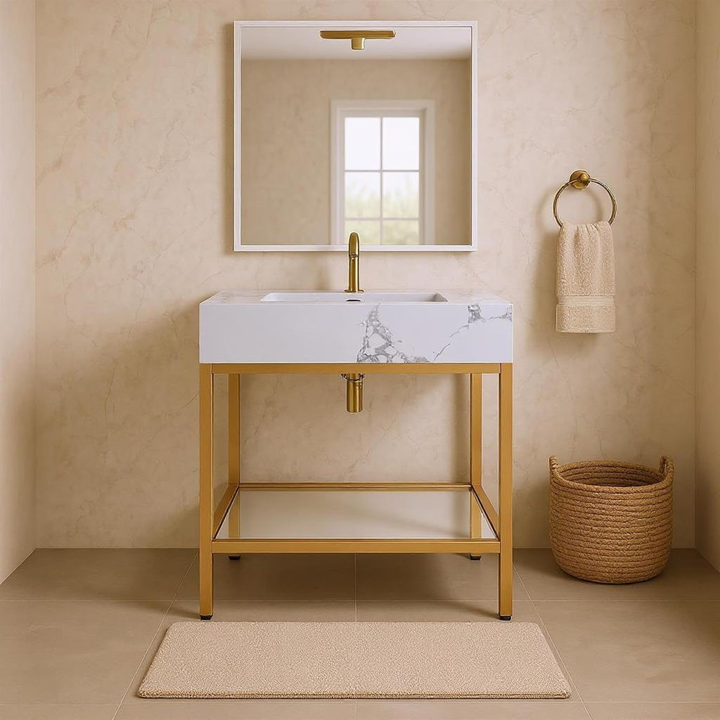 Meridian Furniture 406White-24 Marmo Collection Modern | Contemporary Bathroom Vanity with White Engineered Stone with Grey Veining, Brushed Brass Stainless Steel Base, 24' W x 21' D x 34' H, White