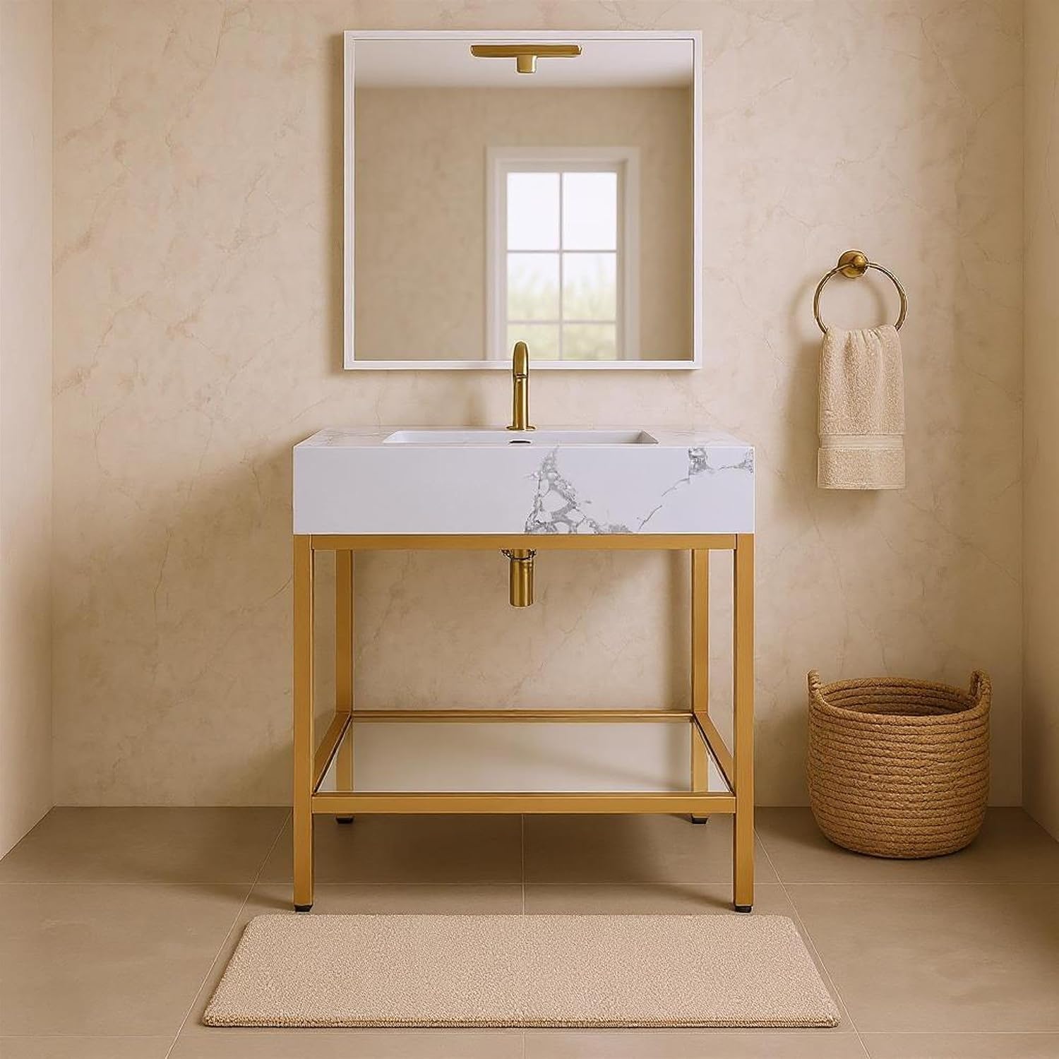 Meridian Furniture 406White-24 Marmo Collection Modern | Contemporary Bathroom Vanity with White Engineered Stone with Grey Veining, Brushed Brass Stainless Steel Base, 24' W x 21' D x 34' H, White