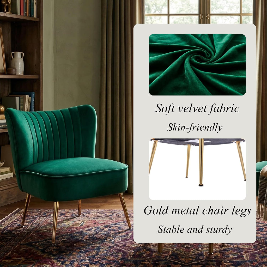 Velvet Accent Chair Set of 2 Comfy Living Room Chairs with Golden Legs Wingback for Bedroom Guest Room, Green