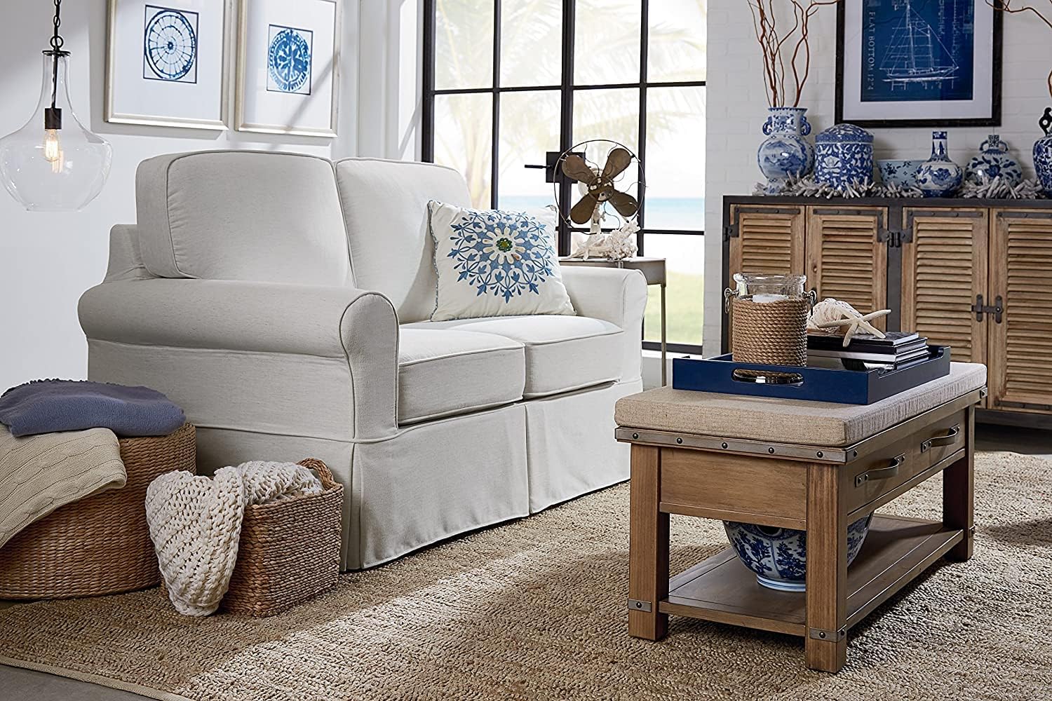 OSP Home Furnishings Ashton Rolled Arm Loveseat with Slipcover, Ivory