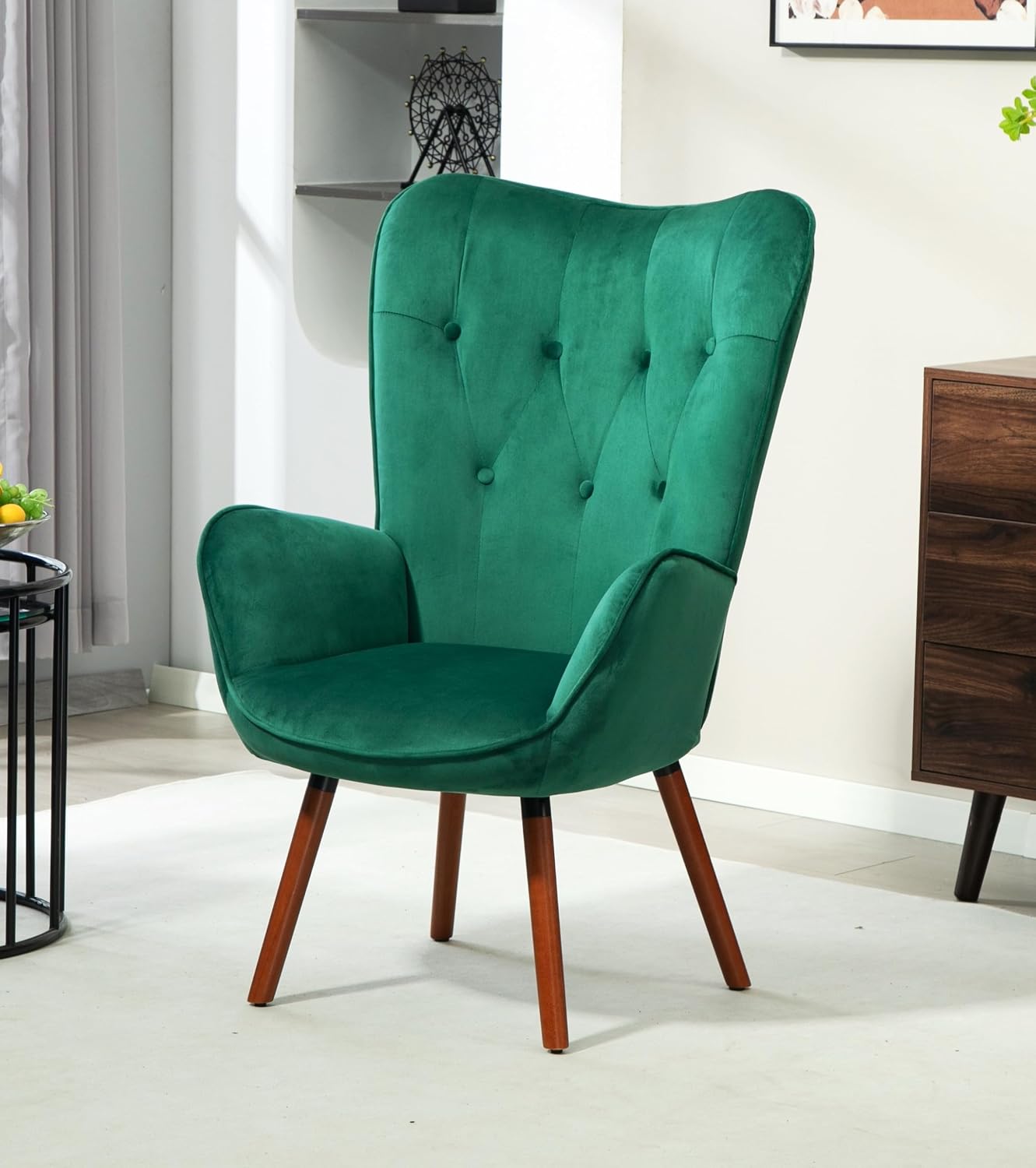 Container Furniture Direct Chic Accent Arm Chairs for Living Room, Bedroom, or Home Office, Button-Tufted Midcentury Armchair with Wingback Design and Splayed Legs, Green
