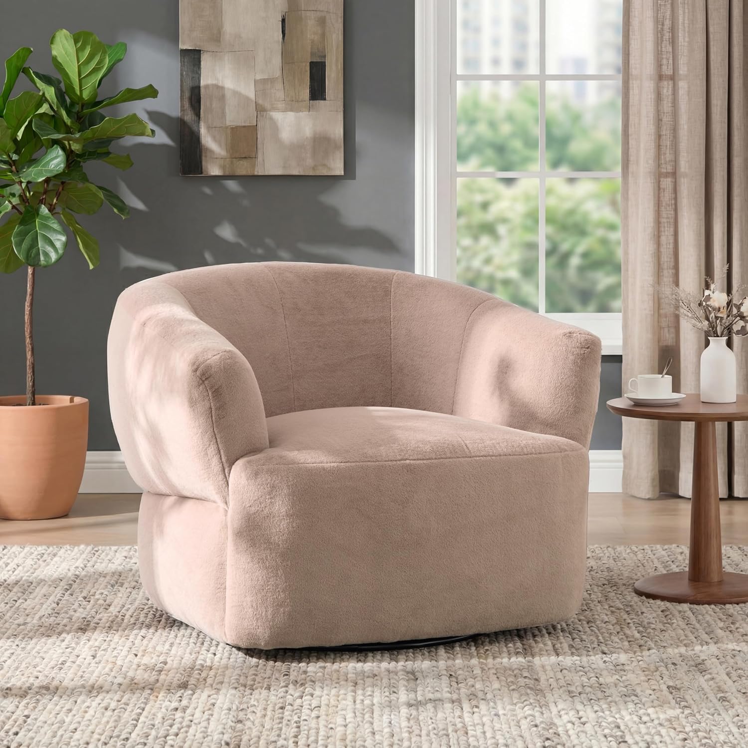 Christopher Knight Home Manie Plush Fabric 360° Swivel Accent Chair, Solid Wood Living Room Swivel Barrel Chair, Rotating Single Lounge Sofa, Comfy Reading Armchair, Beige/Camel