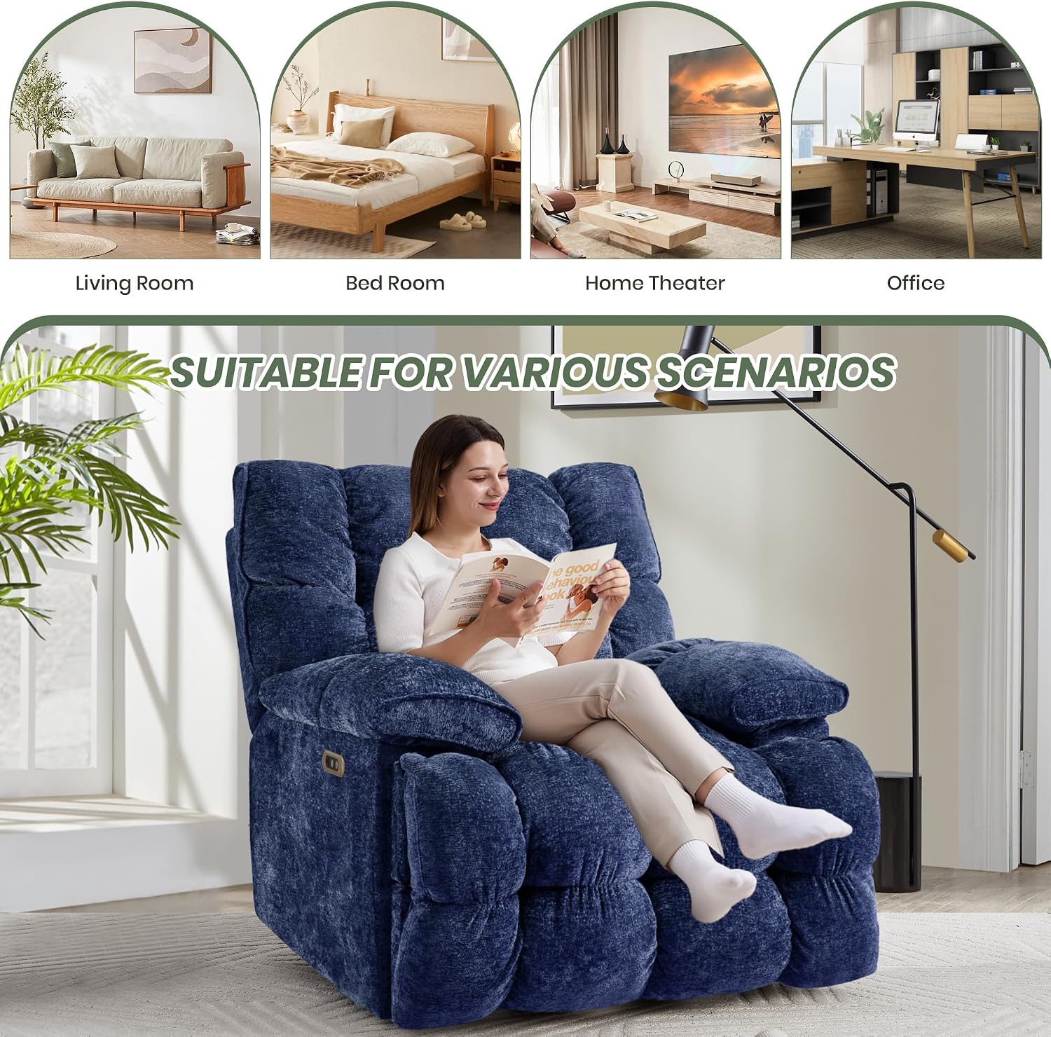 Rocker Recliner Chair 42' Power Swivel Recliner for Living Room Overstuffed Extra Wide Rocking Recliners with Breathable Soft Fabric Up to 400lbs(Eletric Blue)
