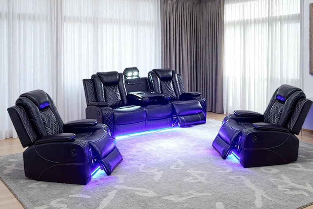Living Room Furniture Sets, Power Recliner Sofa Set with LED Light, Black Leather Sofa and 2 Chairs Set, Modern Power Reclining Sets with Storage Console for House