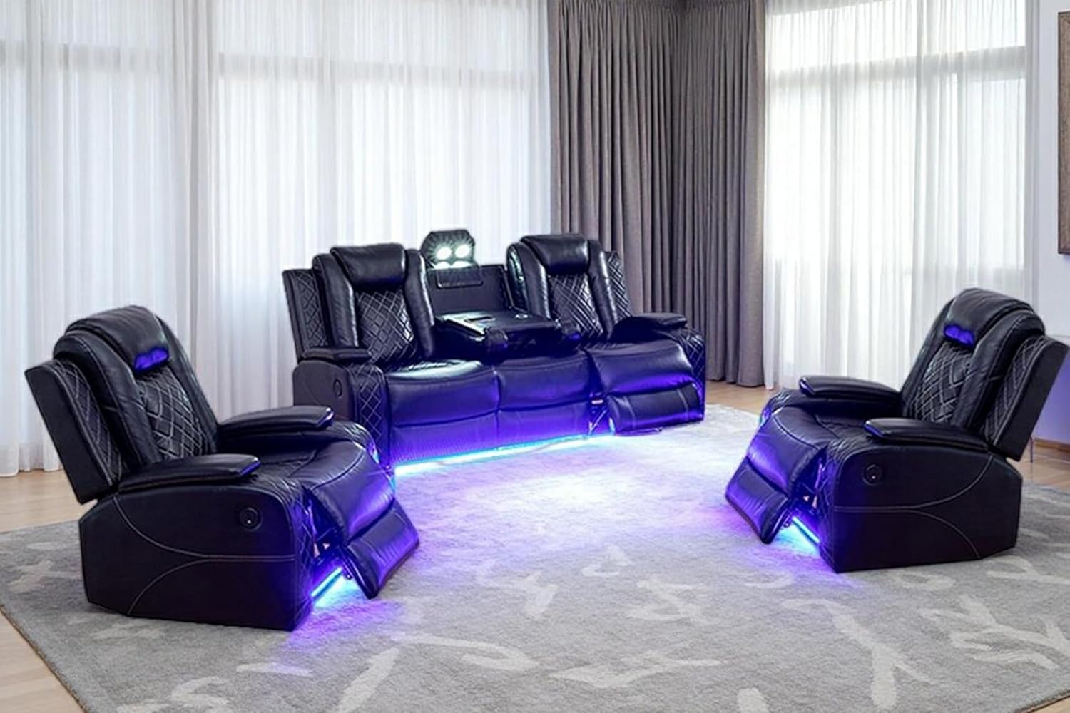 Living Room Furniture Sets, Power Recliner Sofa Set with LED Light, Black Leather Sofa and 2 Chairs Set, Modern Power Reclining Sets with Storage Console for House