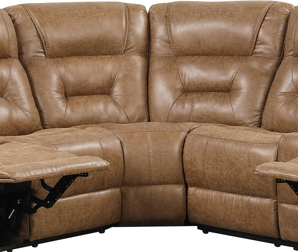 Furniture of America Undering Modern Faux Leather 2-Piece Sectional and Recliner Set with Storage Console, Stainless Steel Cup Holders, Pillow Top Arms for Living Room, Home Theatre, Brown