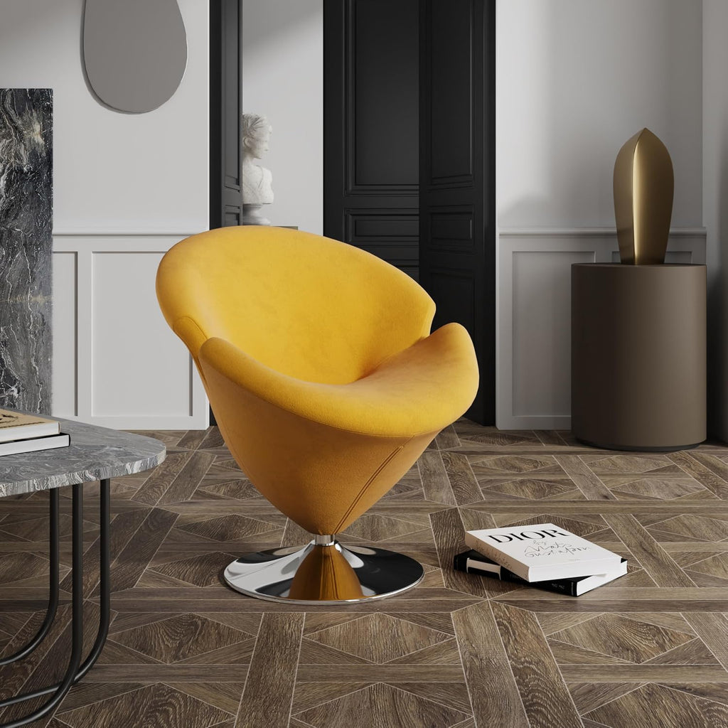Manhattan Comfort Tulip Swivel Accent Chair Set of 2 with 360° Turn, Modern Flower Inspired Design, Soft Velvet Upholstery, Polished Chrome Base, No Assembly Required, 300 Lbs Capacity, Yellow