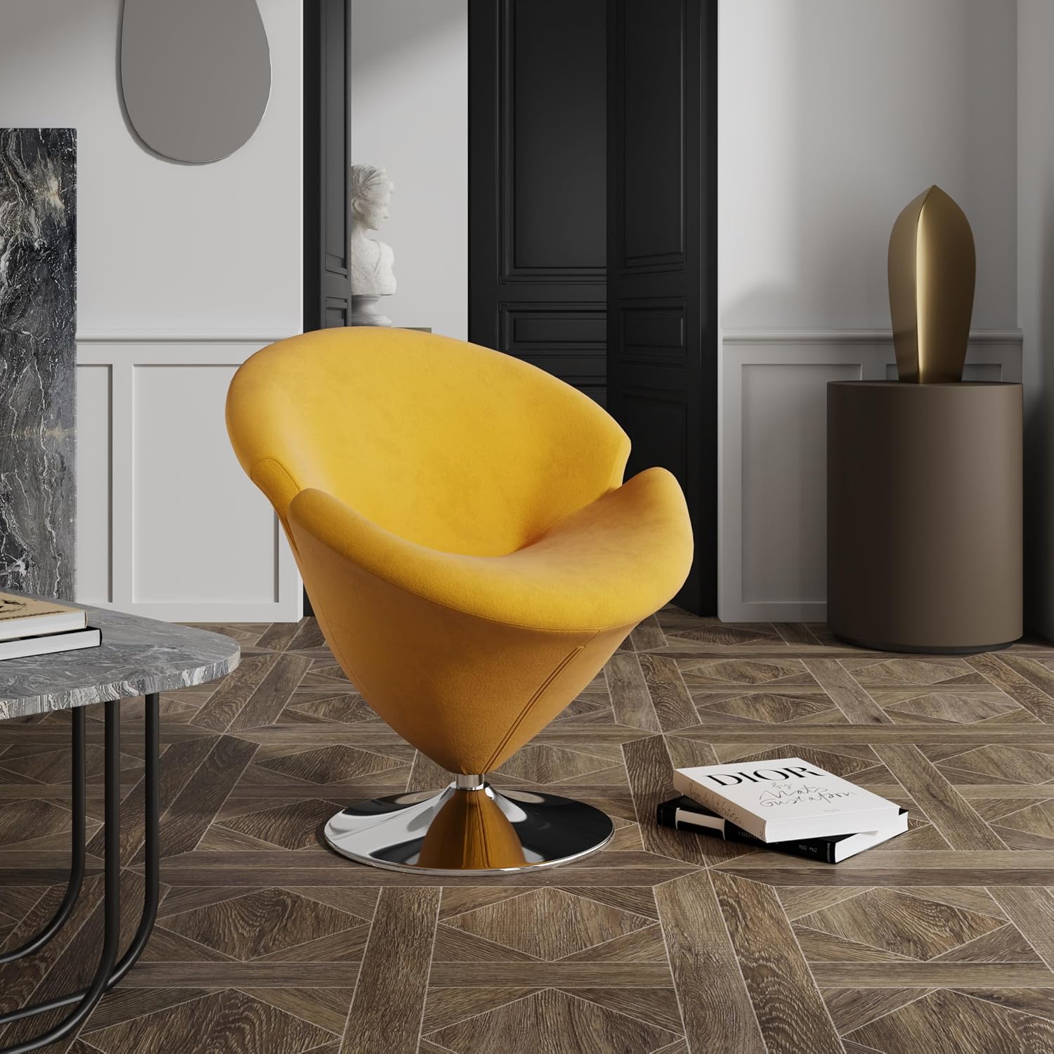 Manhattan Comfort Tulip Swivel Accent Chair Set of 2 with 360° Turn, Modern Flower Inspired Design, Soft Velvet Upholstery, Polished Chrome Base, No Assembly Required, 300 Lbs Capacity, Yellow