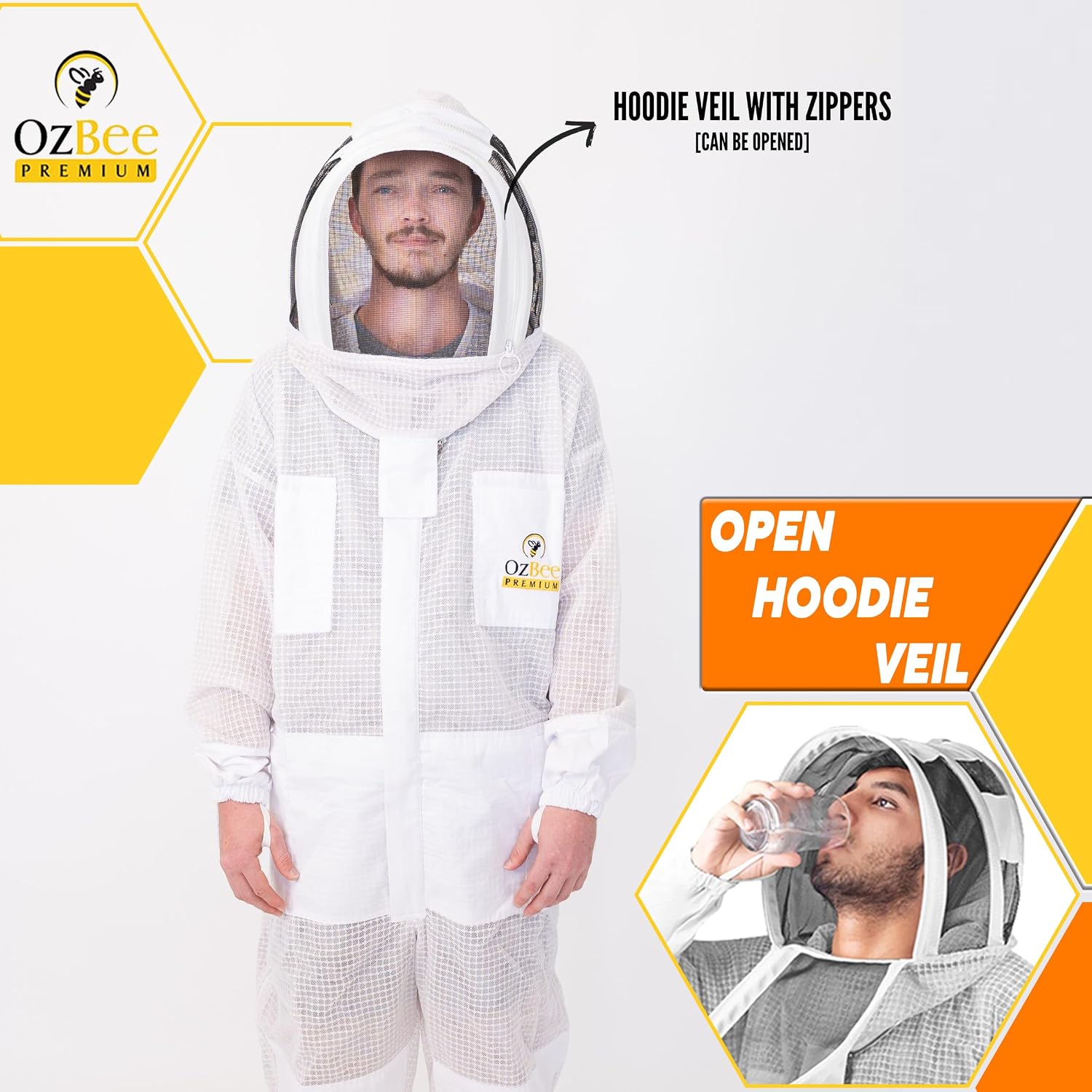 OZBEE 3-Layer Ventilated Mesh Beekeeping Suit with Fencing Hoodie Veil & Round Veil, Includes Goatskin Leather Gloves