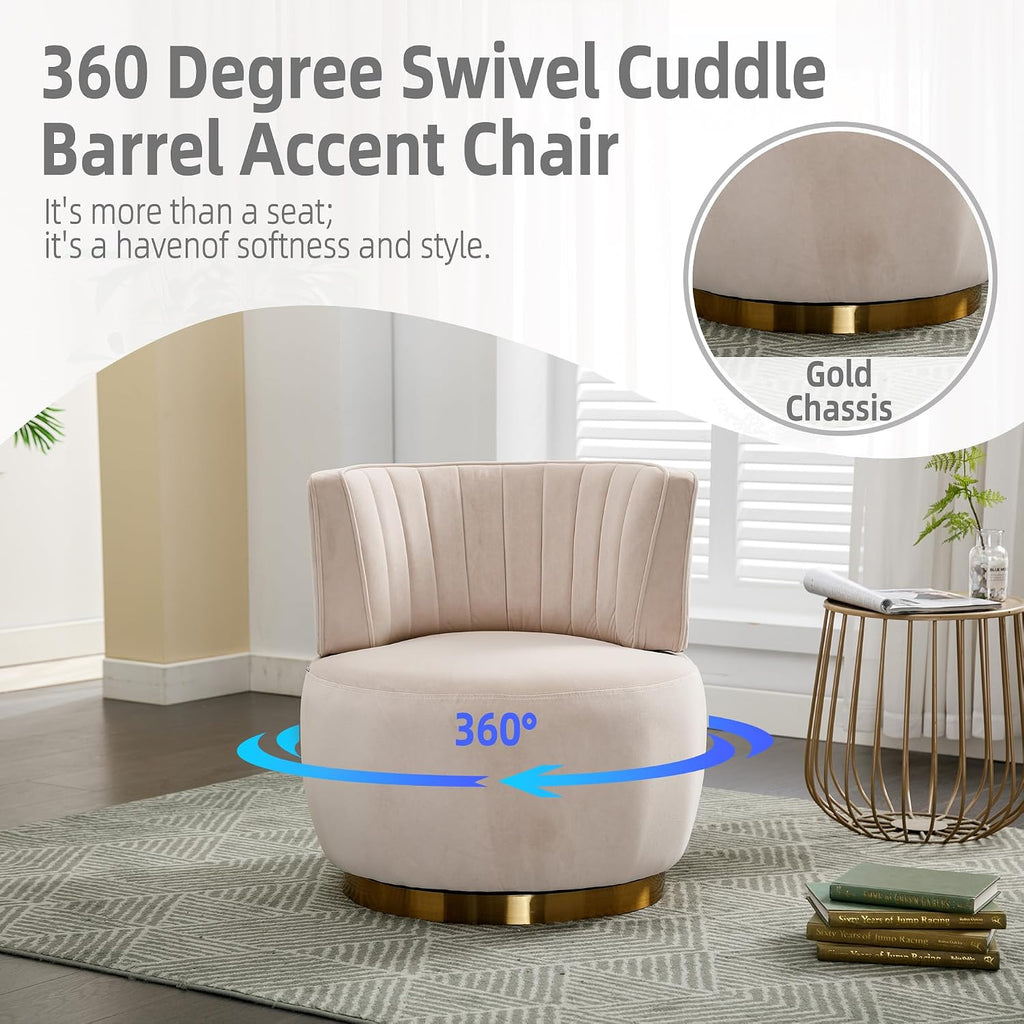 KEIKI Swivel Barrel Accent Chair, 360 Degree Rotating Upholstered Armchair with Velvet Fabric for Living Room, Office, Bedroom, Beige