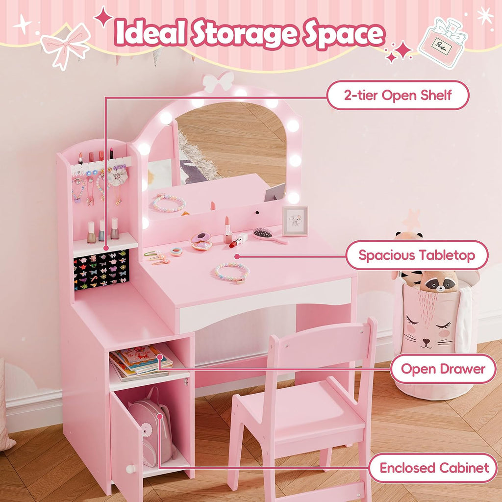 MU Kids Vanity, Girl Vanity Set with Mirror and Chair, 2 in 1 Toddler Makeup Vanity Table with Jewelry Storage, Wooden Princess Makeup Desk Dressing Table for Little Girls, Pink