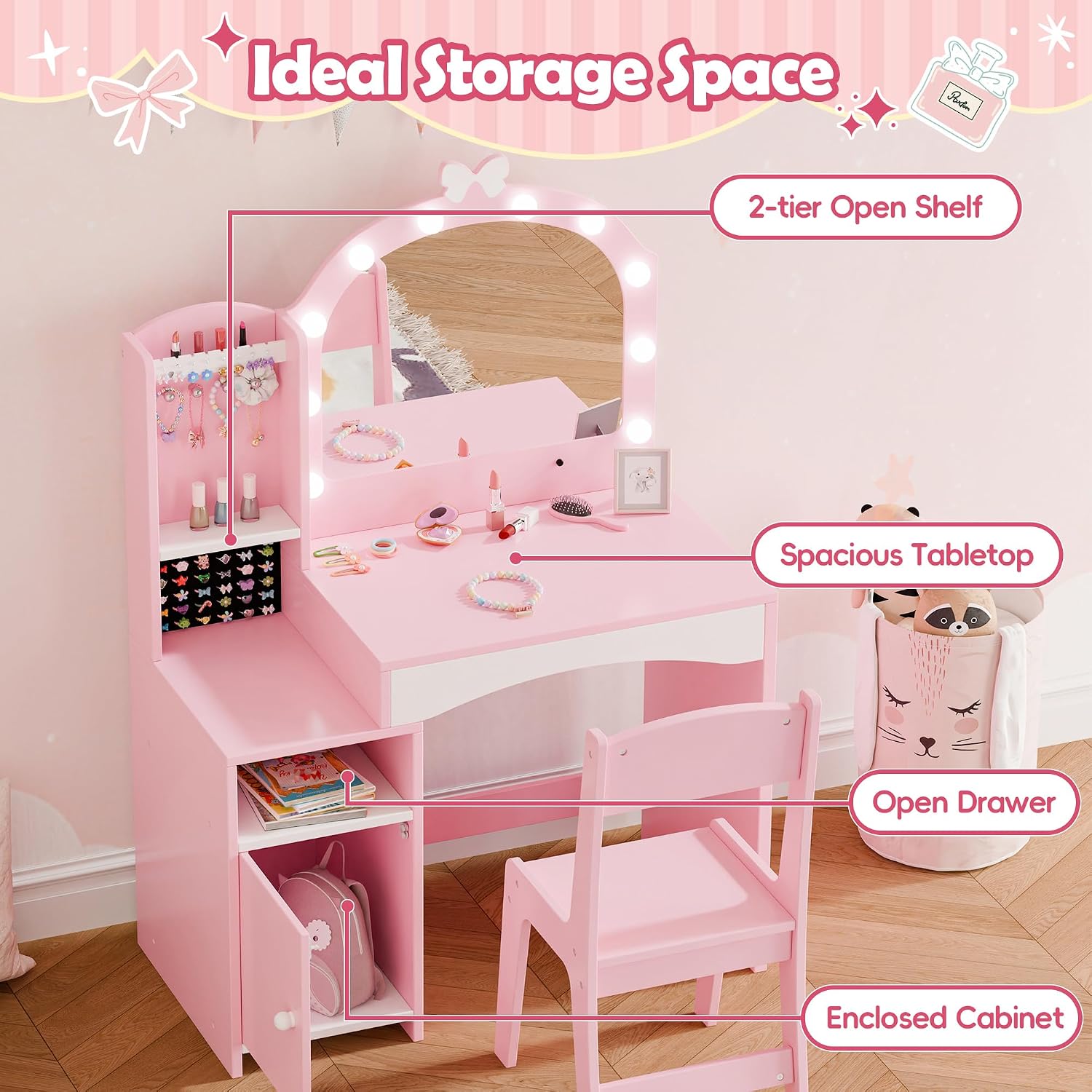MU Kids Vanity, Girl Vanity Set with Mirror and Chair, 2 in 1 Toddler Makeup Vanity Table with Jewelry Storage, Wooden Princess Makeup Desk Dressing Table for Little Girls, Pink