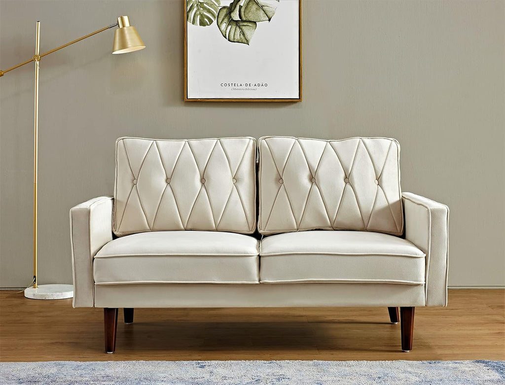 Container Furniture Modern Style Tufted Velvet Couches for Living Room with Soft Fabric Upholstery and Solid Wood Frame, 2 Piece Sofa and Loveseat Set, Ivory