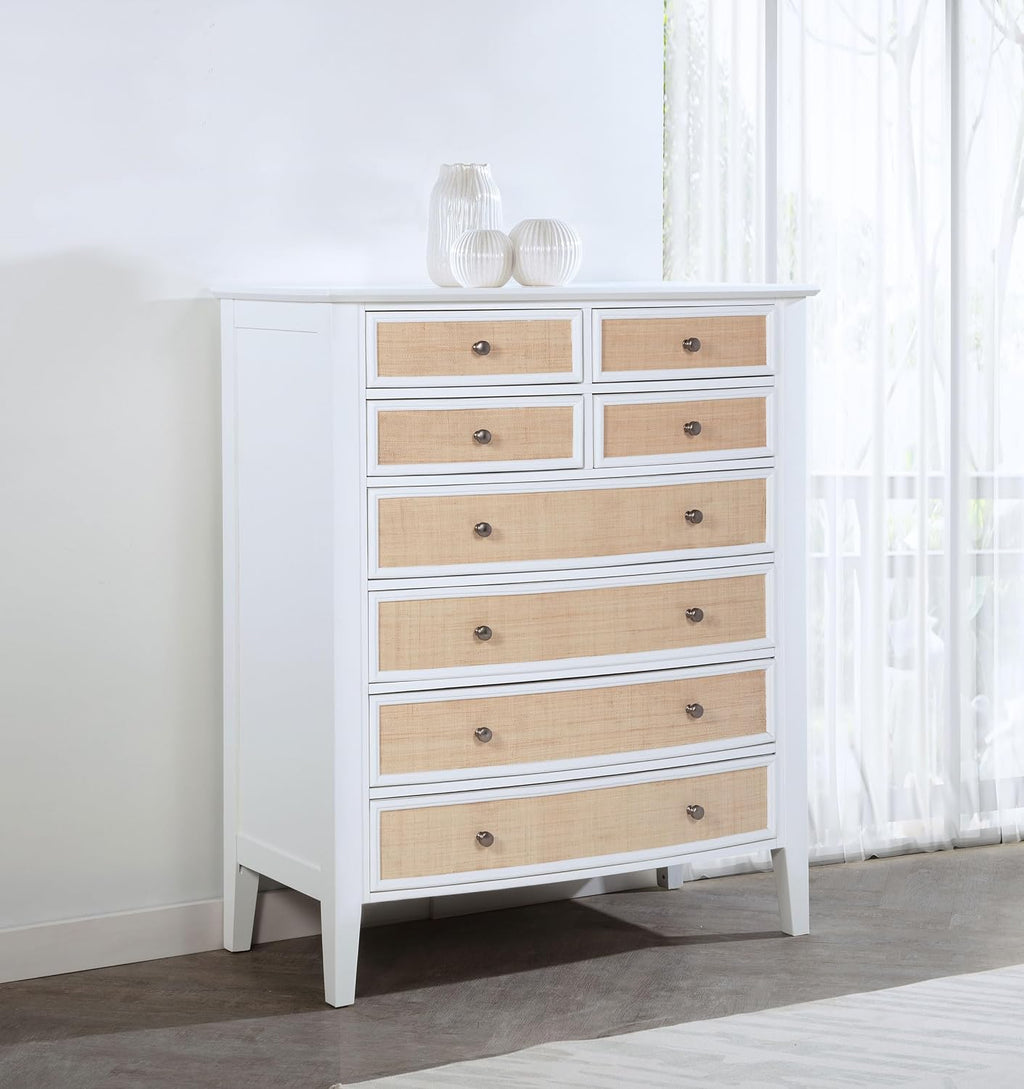 Coaster Home Furnishings - Bexhill - Wood - 8-Drawer Chest with Rattan Fronts, Black Felt Lining and Convex Design - Coastal - Bedroom - White - 223475