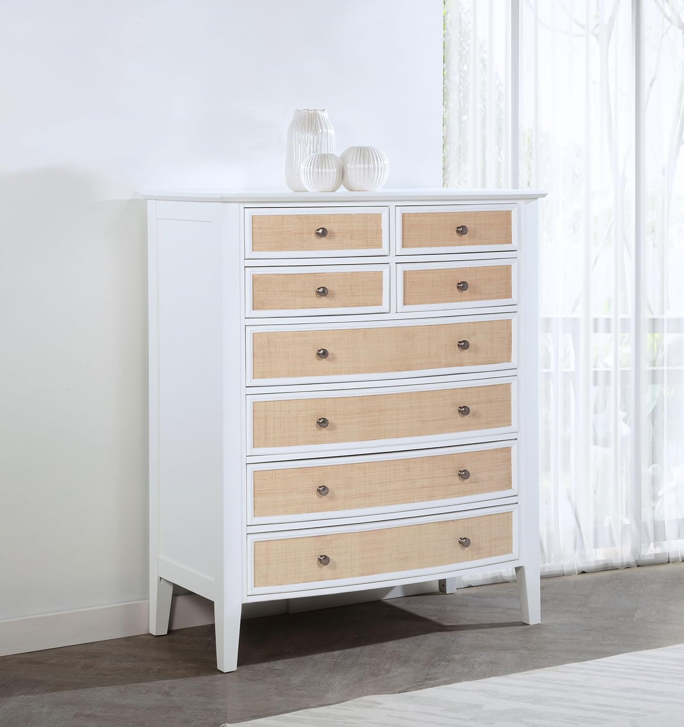 Coaster Home Furnishings - Bexhill - Wood - 8-Drawer Chest with Rattan Fronts, Black Felt Lining and Convex Design - Coastal - Bedroom - White - 223475