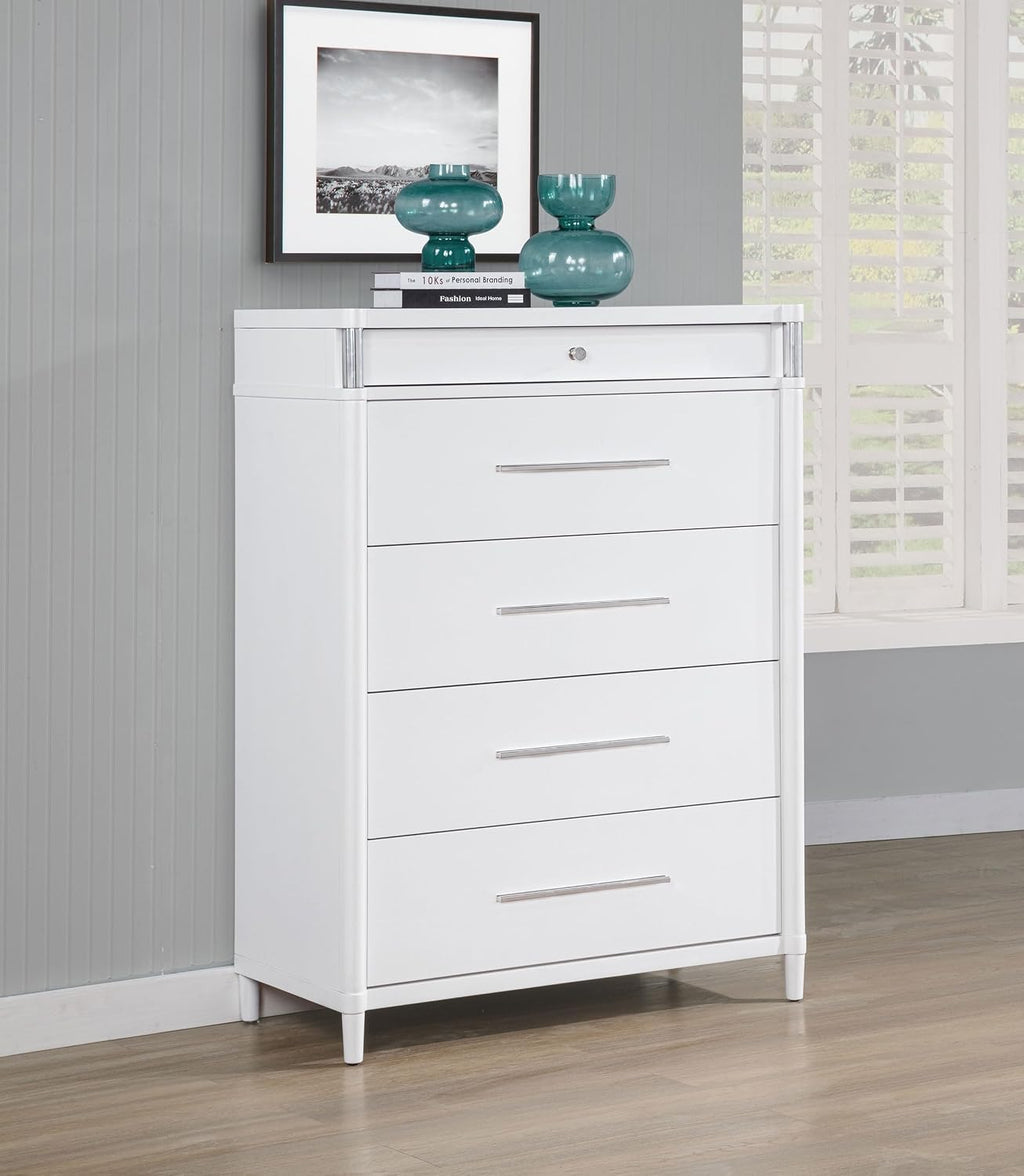 Coaster Home Furnishings - Gracemont - Wood - 5-Drawer Chest of Drawers with Bar Pull Handles, Rounded Corners, Metal Tube Accents and Felt-Lined Top - Bedroom - White - 225075