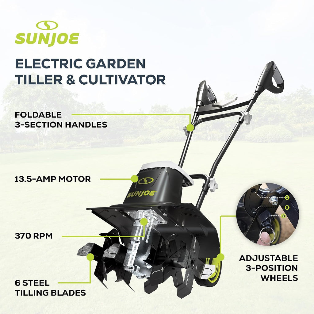 Sun Joe Corded Electric Garden Tiller & Cultivator with Steel Tines, 16', 13.5-Amp Motor - Heavy-Duty Tilling Machine for Lawn, Yard, and Gardening Care, TJ604E