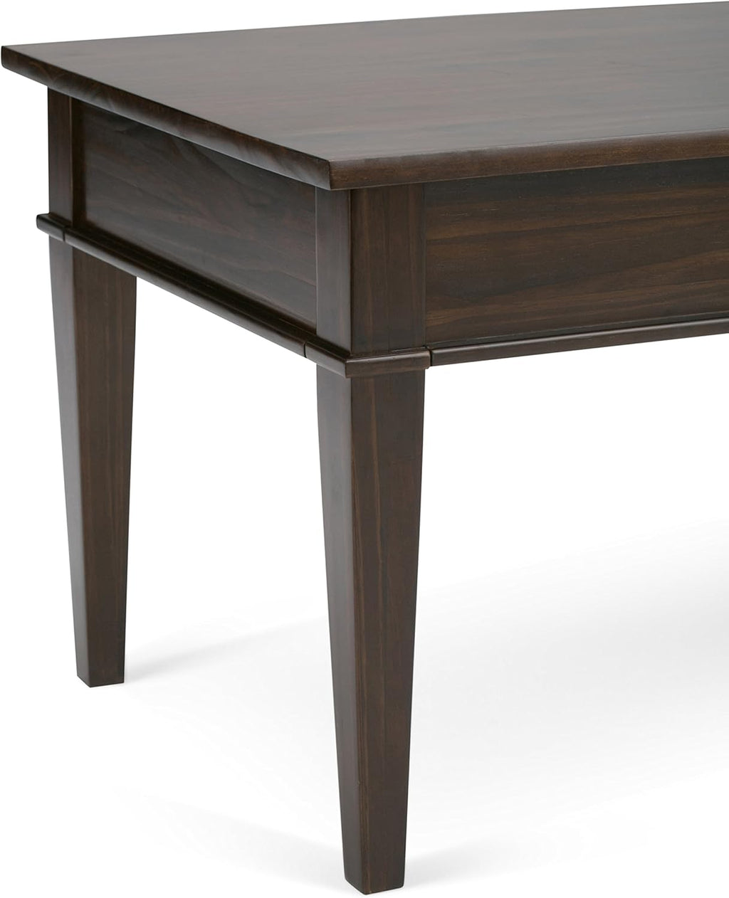 SIMPLIHOME Carlton Coffee Table - 44 inch Wide Solid Wood Transitional Cocktail Table in Dark Tobacco Brown, Classic Living Room Table with Open Storage Shelf and Clean-Lined Tapered Leg Design