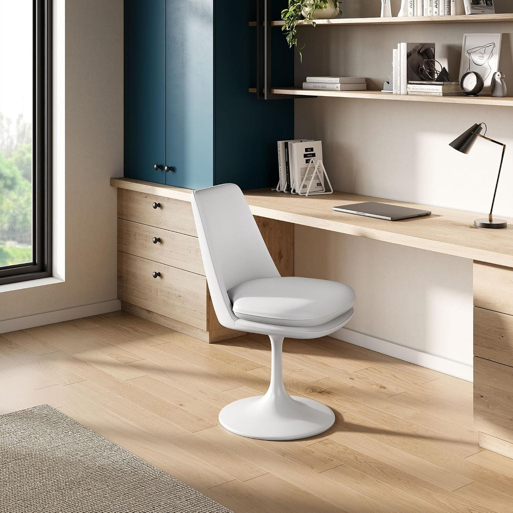 Modway Lippa Faux Leather Swivel Dining Side Chair in White White - Armless Vegan Leather Accent Chair with Pedestal Base - 360° Rotating Office Chair with No Wheels
