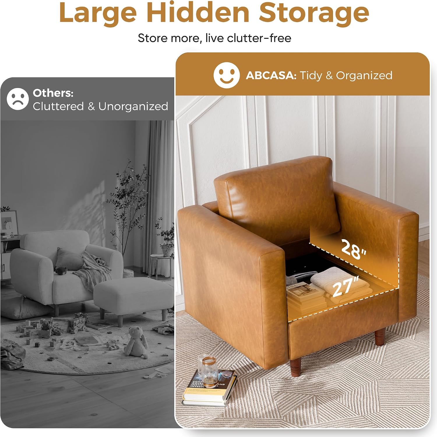 ABCASA Faux Leather Oversized Accent Chair with Storage Deep Seat Single Sofa Large Reading Armchair for Living Room Bedroom Office Brown Set of 2
