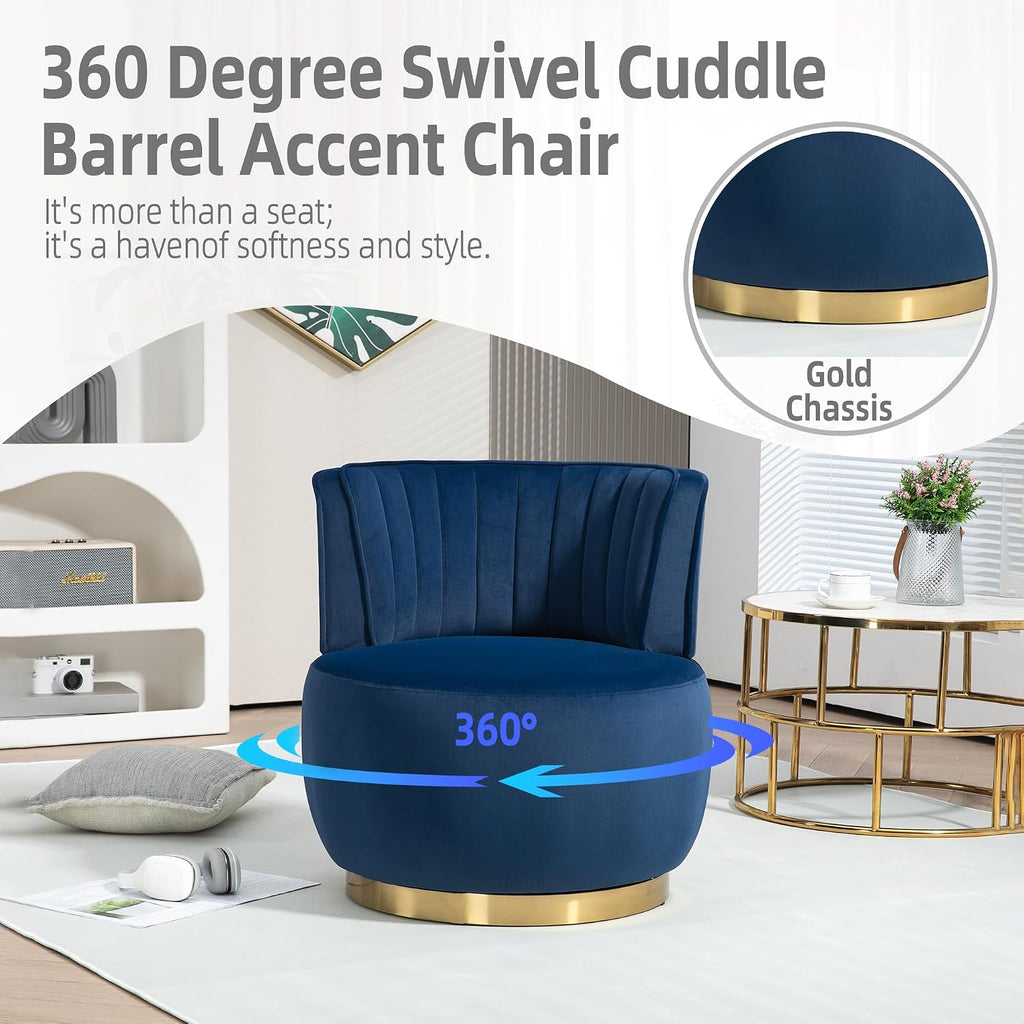 KEIKI Swivel Barrel Accent Chair, 360 Degree Rotating Upholstered Armchair with Velvet Fabric for Living Room, Office, Bedroom, Navy Blue