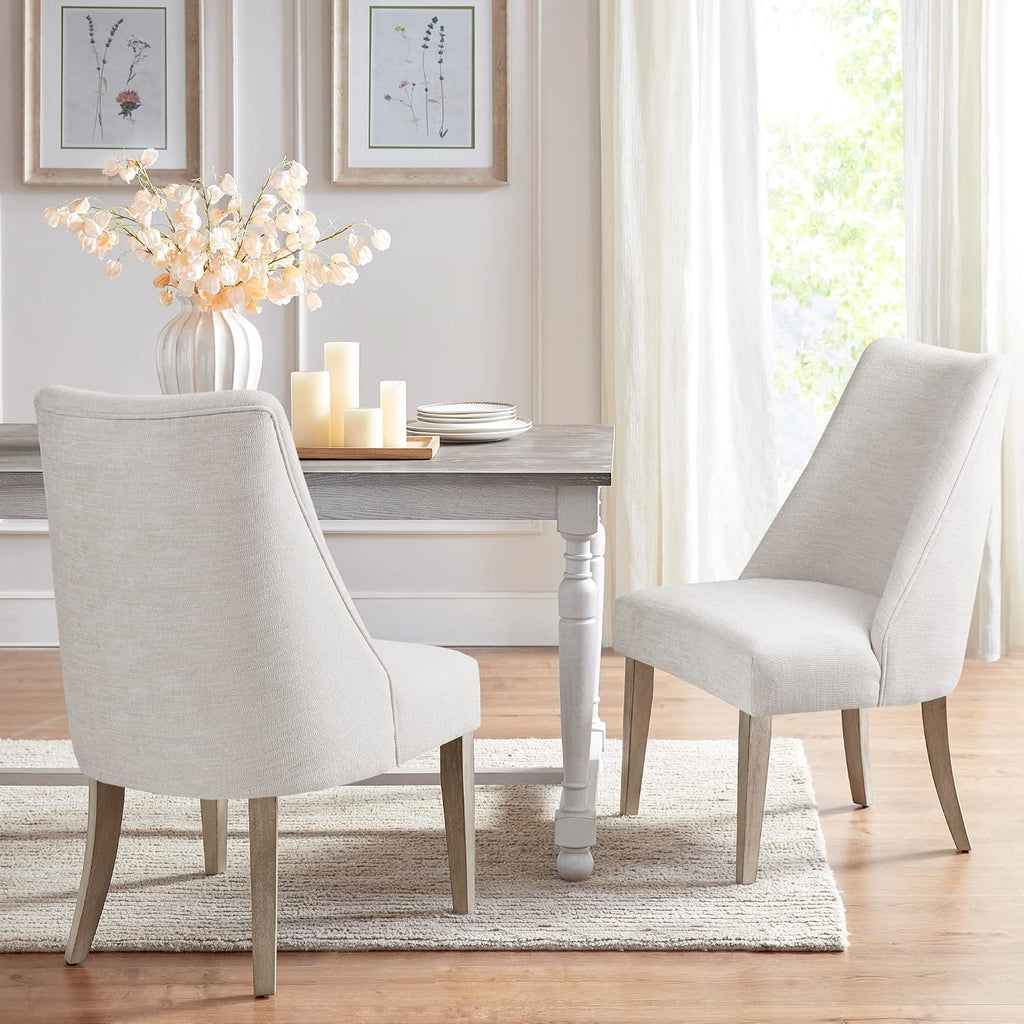 Martha Stewart Winfield Upholstered High Back Accent Dining Chairs Set of 2, Padded Seat, Solid Wood Legs, Chambray Fabric, Cottage, Farmhouse, Ivory, 23' W x 24.75' D x 38' H