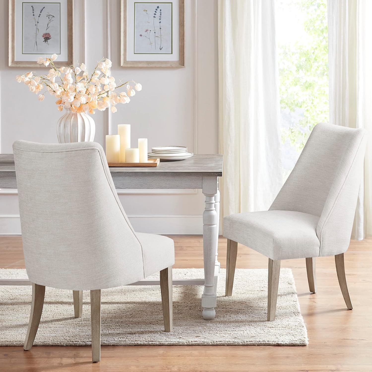 Martha Stewart Winfield Upholstered High Back Accent Dining Chairs Set of 2, Padded Seat, Solid Wood Legs, Chambray Fabric, Cottage, Farmhouse, Ivory, 23' W x 24.75' D x 38' H
