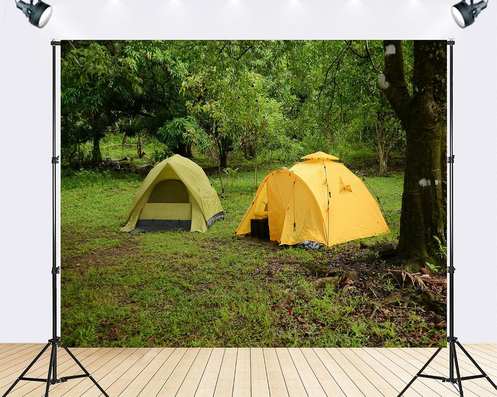 Trykid 20x10ft Yellow Tent Jungle Lush Backdrop Verdant Forest Remote Campsite Tapestry Photography Background for Outdoor Adventure Nature Scout Party Decoration Photo Studio Prop Fabric