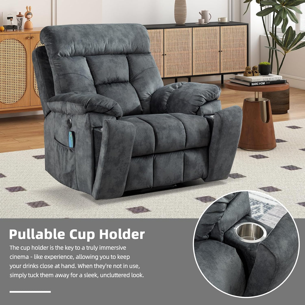 EBELLO Power Lift Recliner Chair with Massage and Heat, Soft Fabric Massage Recliner for Adults with Hidden Cup Holders, Side Pocket, Overstuffed Single Sofa for Living Room, Dark Greenish-Grey