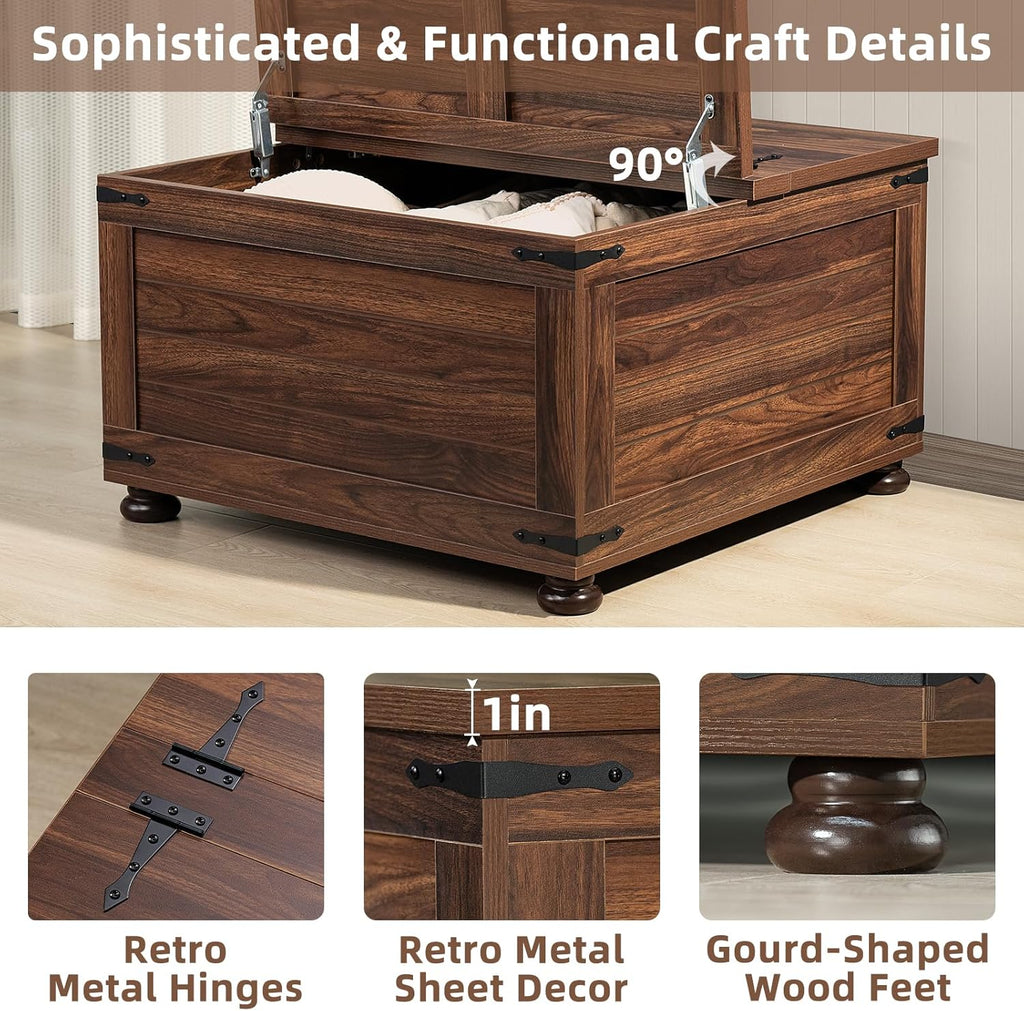 Joaxswe Farmhouse Coffee Table with Hidden Storage,Large Square Center Table for Living Room,Retro Cocktail Tables with Flip-Top Lids, Farm House Tables with Wooden Gourd Feet for Home,Brown Walnut